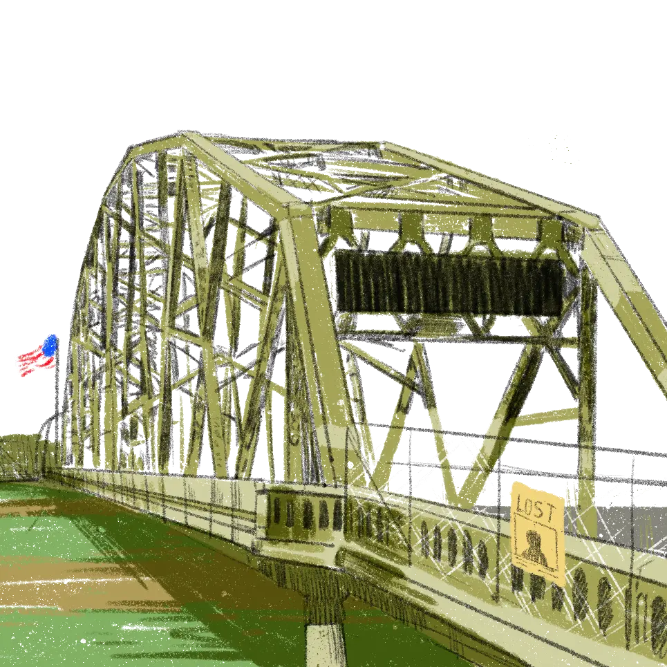 Illustration of a metal road bridge, with a fence on the near side, with a "Lost" poster and a silhouette of a person, and a USA flag on the far side