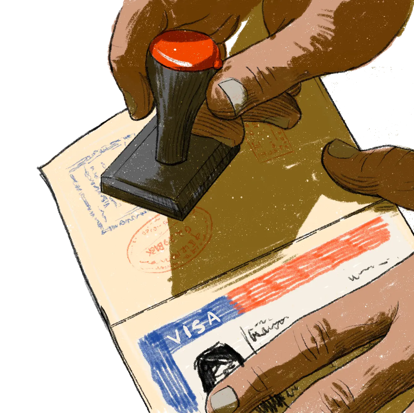 Illustration of hands stamping a passport, with a visa document shown on the other passport page